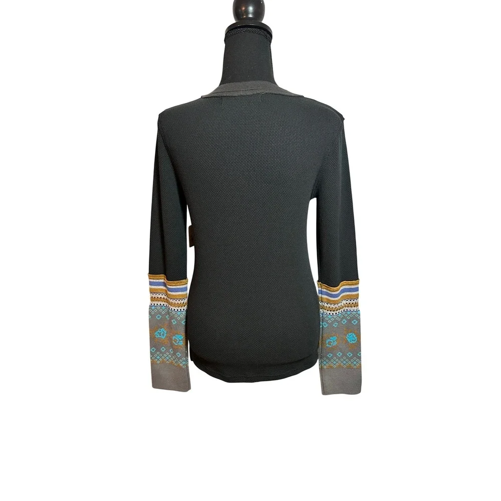 We The Free Free People Black Thermal Waffle Knit Split Neck Top SZ M Winter